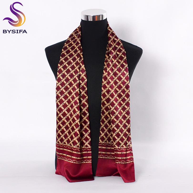 [BYSIFA] Navy Blue Gold Plaid Men Silk Scarves Fashion Accessories Autumn Winter Male Pure Silk Long Scarves Cravat 160*26cm