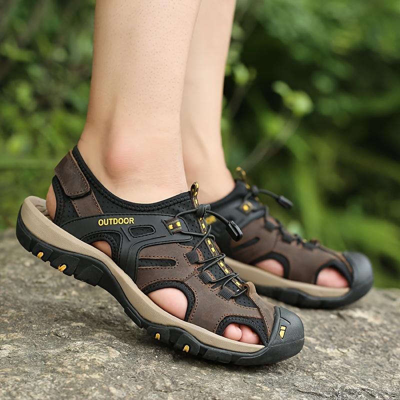 Outdoor Adventures, Men'S Breathable Hiking Sandals - Closed Toe, Fisherman Style, Black with Brown & Grey Accents