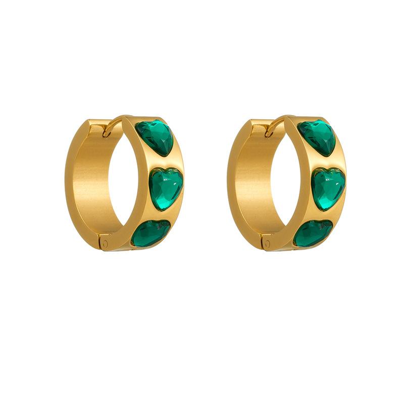 Gold Plated Green Heart Cubic Zirconia Hoop Earrings for Women Stainless Steel
