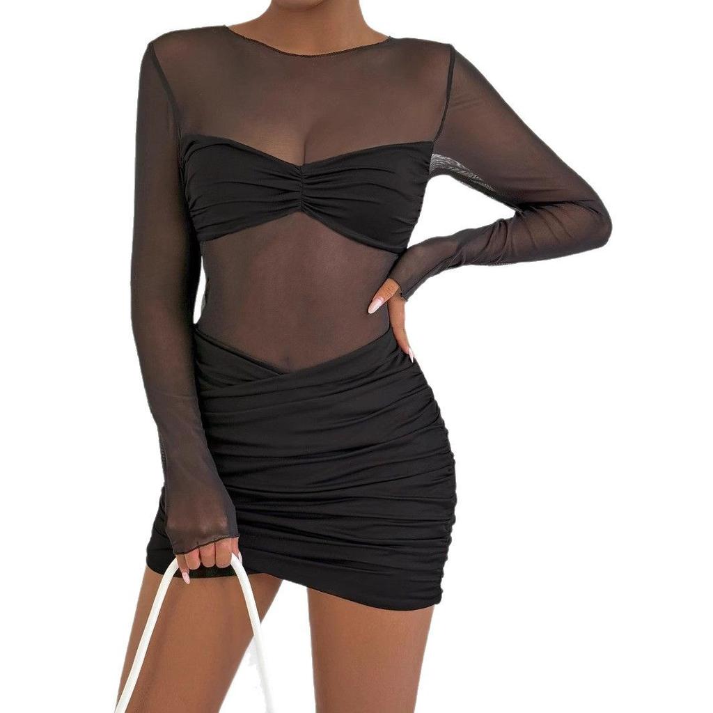 Hot-selling Women's Fashion Round Neck Long-sleeved Mesh Splicing Skirt, European and American Sexy Pleated Hip-wrapped Dress