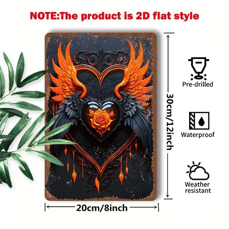 PC Heart Orange Rose Flame Wings D Flat Metal Sign xIn Vintage Tin Sign Holiday Wall Decor