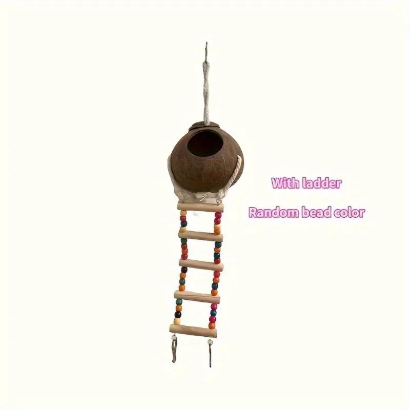 

Wooden Swing Bird Toy with Coconut Shell House, Bead Ladder & Climbing Rope - Fun Playground for Hamsters Birds Small Animals