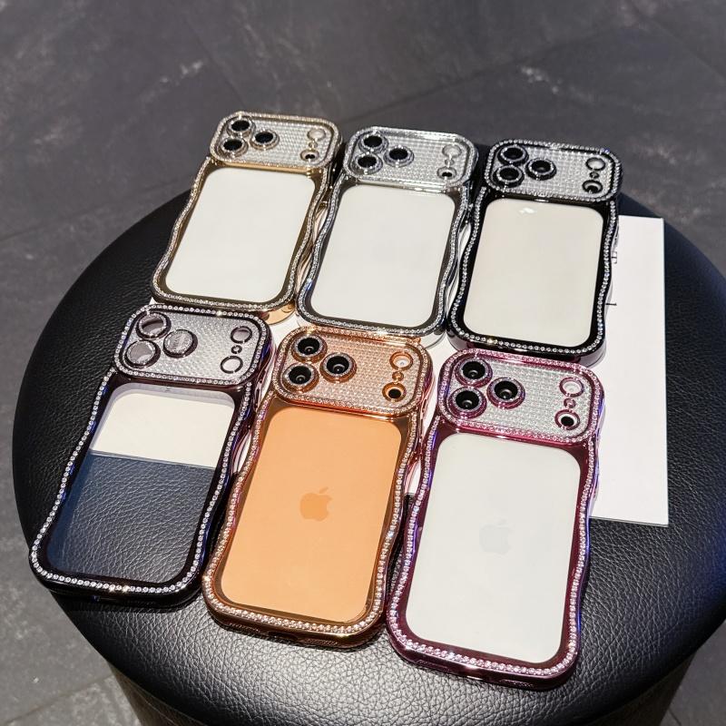 KEYSION Plating Transparent Wavy Rhinestone Phone Case for iPhone 13 14 15 16 17 Pro Max Air 16 Plus Lens Protector Shockproof Cover