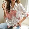 Women's Lapel Long Sleeve Blouse with Lotus Line Print, Elegant Daily Top