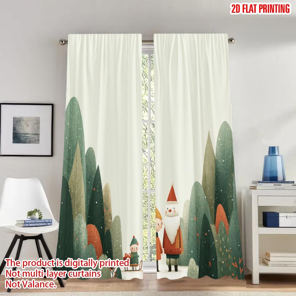 

Set Of 2 Flat Printing Happy Christmas Scene Curtains Winter Snow Forest Digital Printed Polyester Drapes Holiday Curtain W100*H70(CM)-Grommet top&1PCS