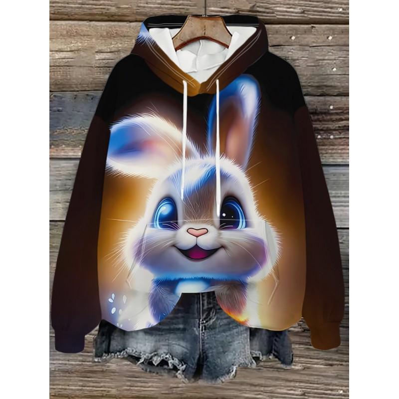 Womens Oversized Hooded Sweatshirt With Cartoon Animal Print Casual Streetwear Top Fall 2025