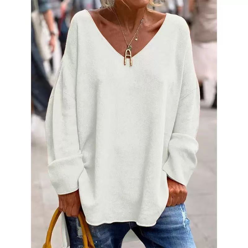 IHUASU Autumn Winter Women's Solid Color V-neck Long Sleeve Loose Casual Comfortable T-shirt Top