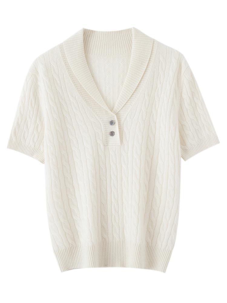 Kochi Women's V-Neck Plaid Knit Short-Sleeve Top - 2026 Summer Collection, High-End Casual Style with Lapel