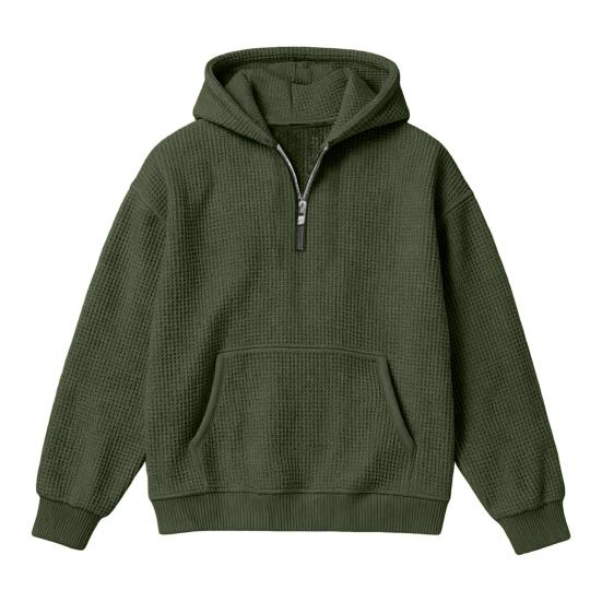 Waffel-Kapuzenpullover für Jungen, Viertelreißverschluss, Kapuzenpullover, Kinder, Langarm, Strickpullover, Oberteile mit Tasche für Teenager und Kinder, 3-14 Jahre