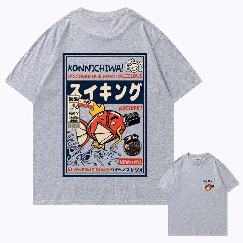 

Вулична футболка в стилі хіп-хоп Harajuku Japanese Kanji Fun Fish Модна повсякденна футболка Літня футболка унісекс з коротким рукавом у гарячих продажах M