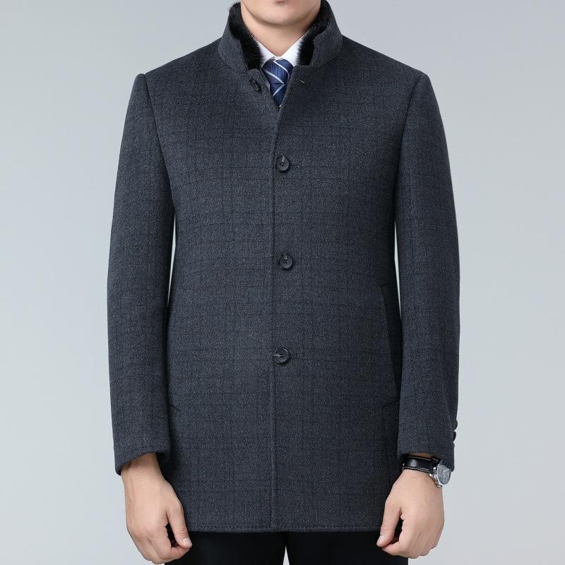 Płaszcz kaszmirowy męski średniej długości pogrubiony futro z norek stójka biznesowy casual dwustronny wełniany wełniany puchówka