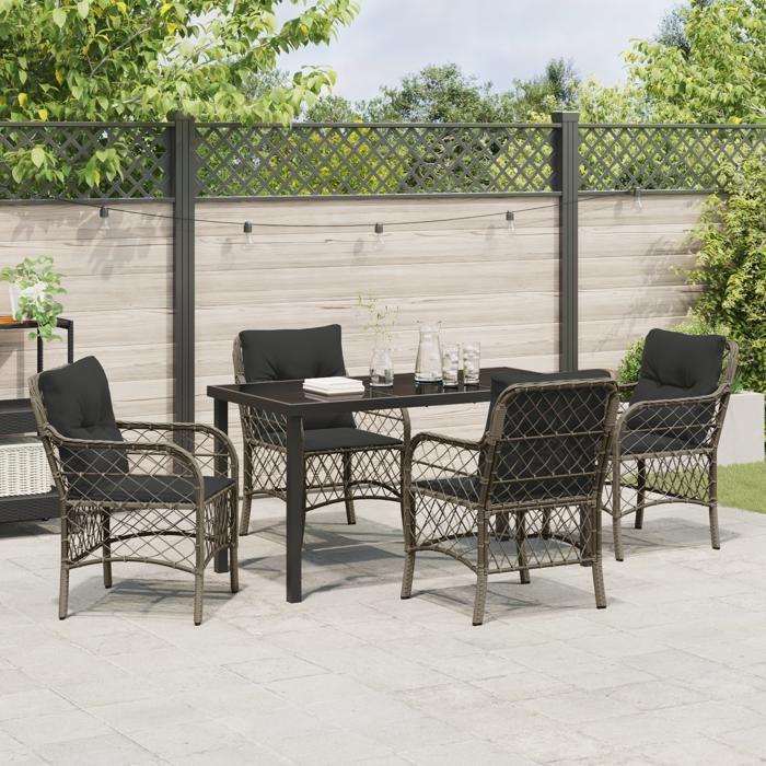 VidaXL Set de salle à manger de jardin 5 pièces avec coussins gris en rotin poli 3380220