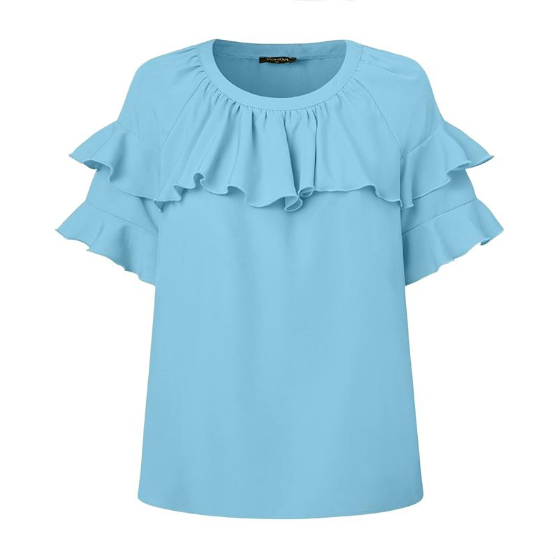 

VONDA Летняя женская блузка с круглым вырезом, короткими рукавами и оборками, однотонная 5XL синий