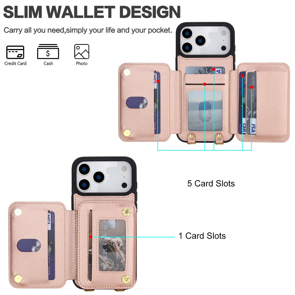 Crossbody Card Slots Zipper Leather Wallet Phone Case for IPhone 17E 16E 17 16 15 14 Plus 13 12 11 Pro Max Protection Cover