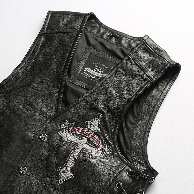 Harley vest V-neck leather locomotive vest men's direct supply skull embroidered cowhide vest