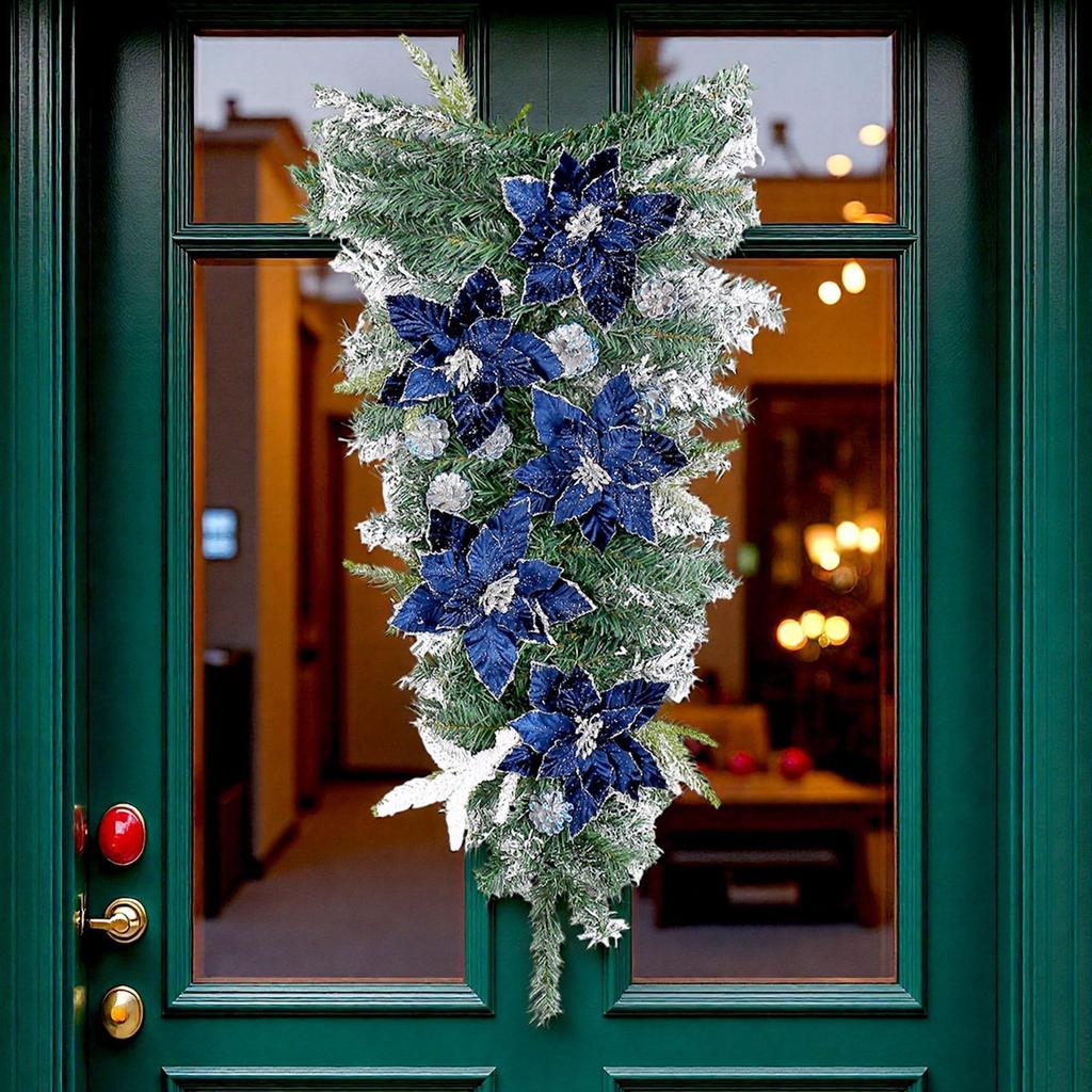 Christmas Teardrop Swag Winter Swag Garland Green Leaves 35 Inch for Front Door Xmas Wreath for Home Window Farmhouse Holiday