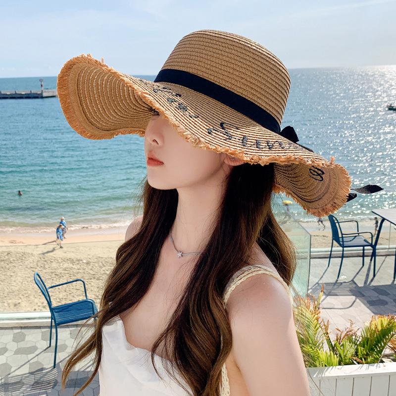 Women Summer Beach Straw Hat Korean Seaside Brim Sunblock Sunshade Holiday  Big Cool Bow Hat