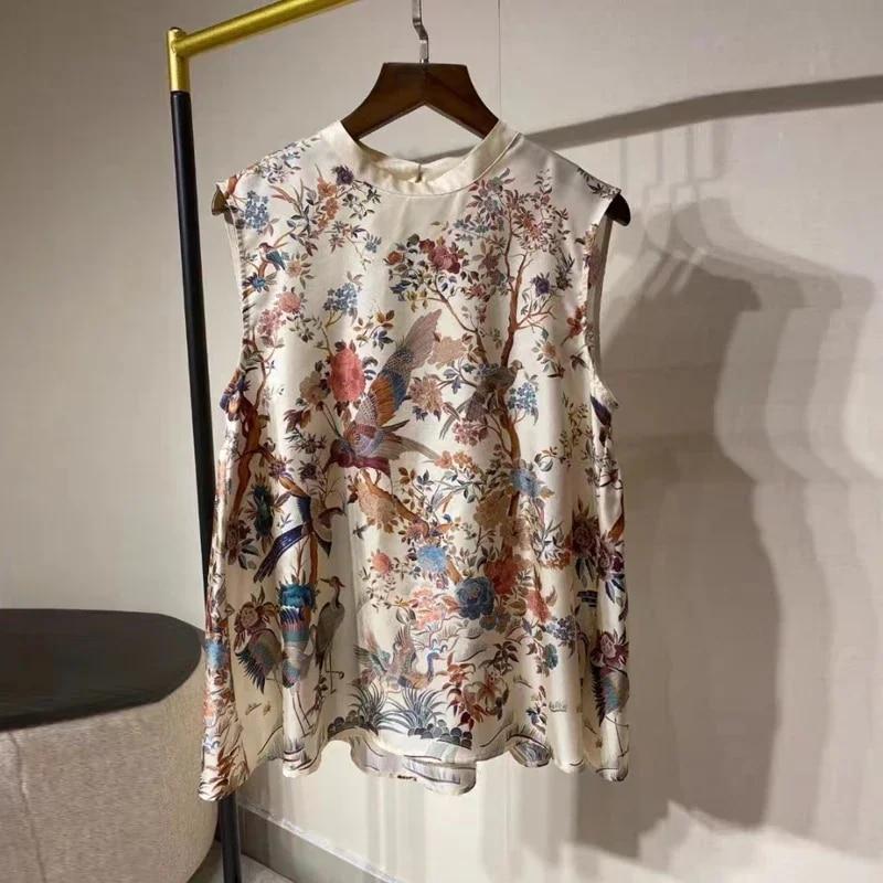 

Жилет с винтажным принтом, шелковые топы Mulberry, повседневные свободные безрукавки с круглым воротником, летние женские жилеты-майки 26745 XXL орион