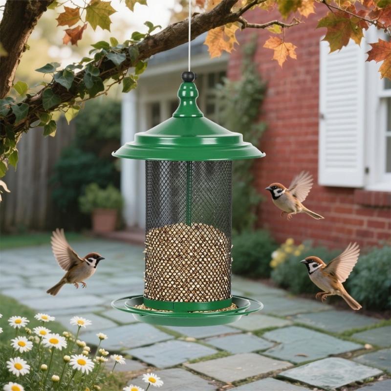 Squirrels Proof Outdoor Bird Feeder Metal Construction Feeding Ports Weatherproof Roof Design For Finches