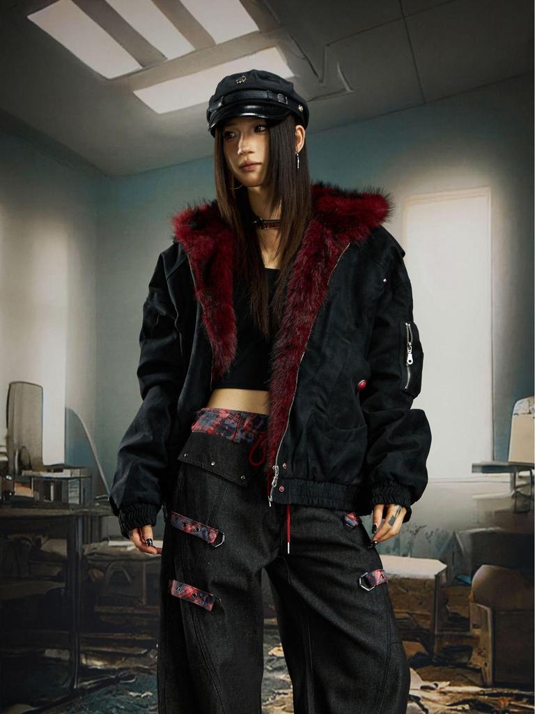 Men's Heavyweight Retro Red Fur Collar PU Leather Cotton Jacket, Fourth Generation Thickened Warm Outerwear