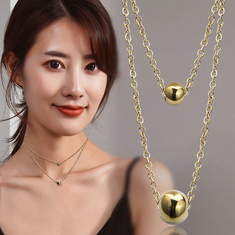 Full Body Titanium Steel Color-Retaining Steel Ball Double-Layer Necklace Women'S Fashion Simple Accessories Trendy Personality Jewelry