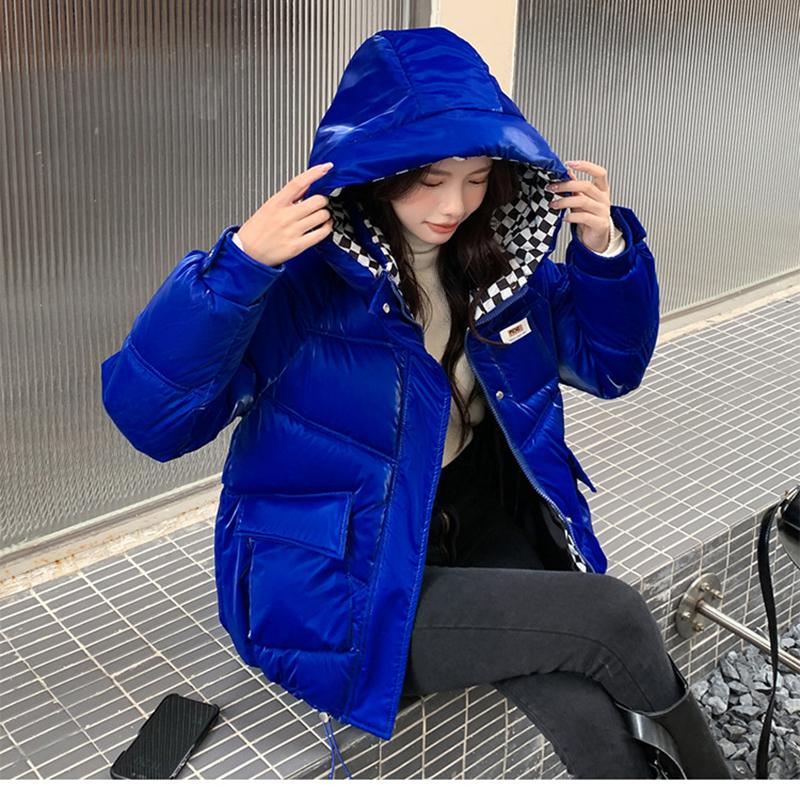 Jachetă scurtă lucioasă cu glugă, călduroasă, cu puf, pentru femei, jachete de iarnă călduroase