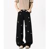 Mens Embroidered Denim Jeans Loose Straight Leg Washed Streetwear Pants
