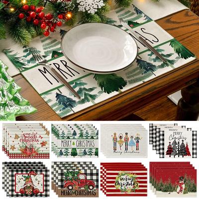 4pcs Christmas Placemats 30x45cm Linen Christmas Trees Snowflake Gnome Print Table Mats 2025 Xmas Table Pads For Home Hotel