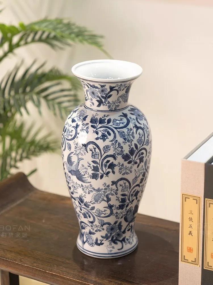 38.5cm/Chinese Ceramic Vase Decoration Living Room Entrance Flower Arrangement Decoration Home Antique Shelf Blue and White