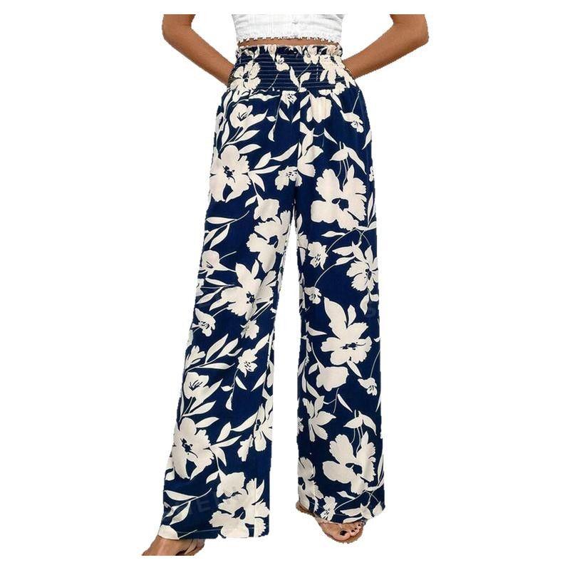 

US Shiying Florals Print High Waist Loose Pants Female 2025 Summer New Arrival Draping Effect Women s Casual Pants Dark blue L code fits (62.50 kg-70.00 kg