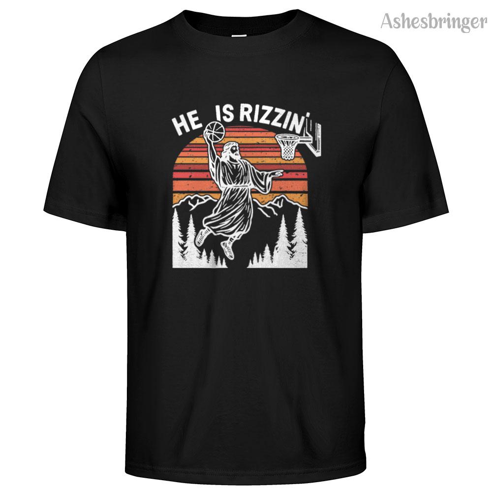 Mens Cotton He Is Rizzin Graphic Easter Jesus Christian Basketball T Shirt Street Casual Style Tee for Men and Women