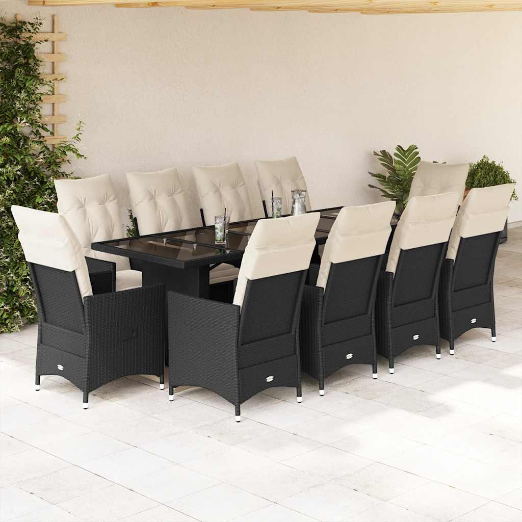 11 piece Garden Bistro Set with Cushions Black Poly Rattan