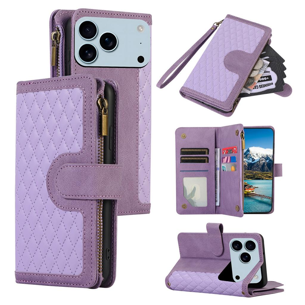 For iPhone 17 Pro Case 9 Card Slots Rhombus Design Leather Phone Cover with Wrist Strap