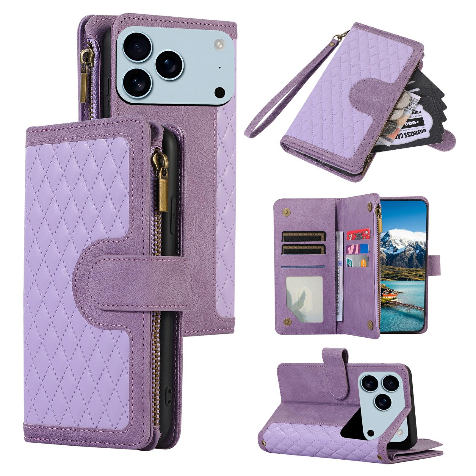 

For iPhone 17 Pro Case 9 Card Slots Rhombus Design Leather Phone Cover with Wrist Strap Purple