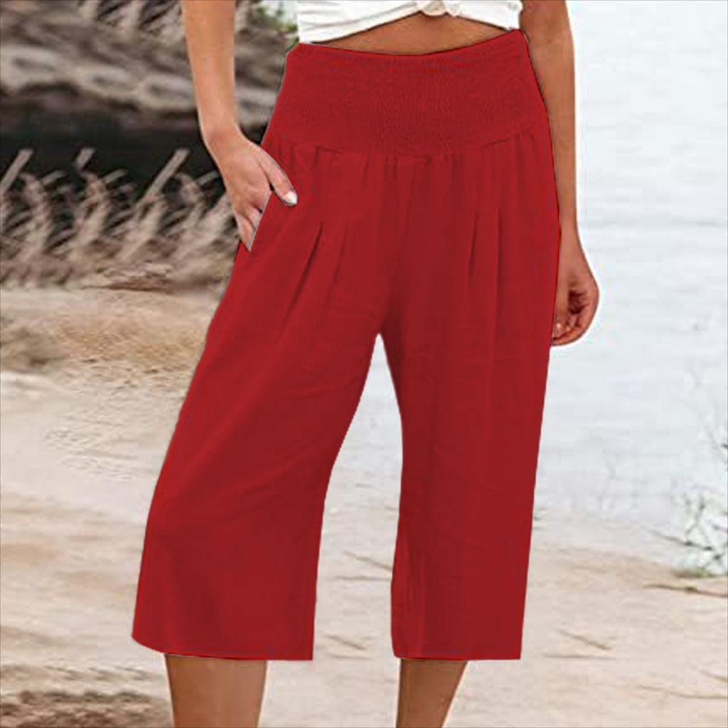 Summer Eurn Women's Cross-border Cotton Hemp Seven Waist Pocket Pocket Pocket Pocket Wide Leg Pants Woman