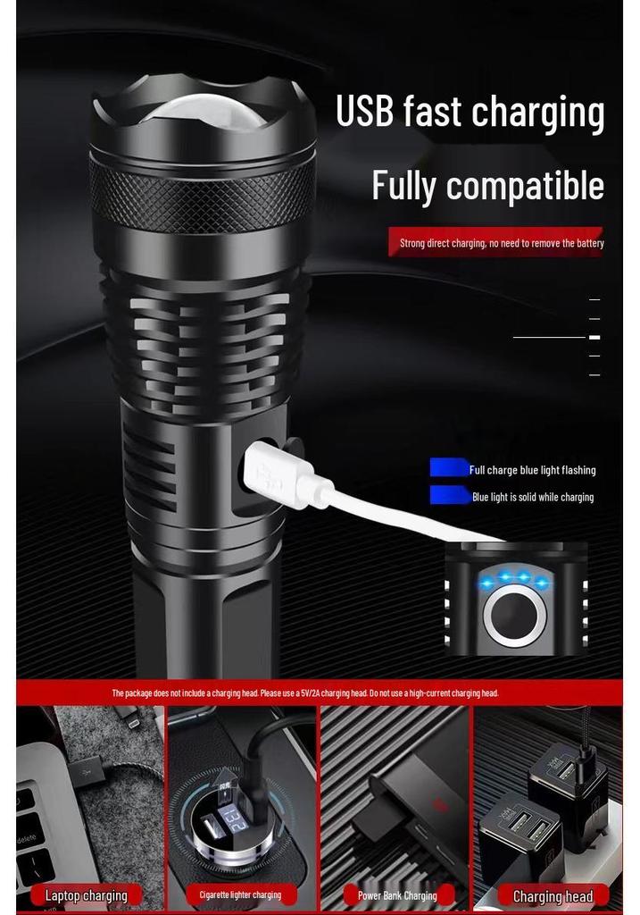 P50 Flashlight: Powerful LED, USB Rechargeable, Power Display, Zoom & Spotlight Functions