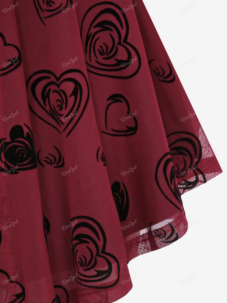 Rosegal Plus Size Lace Up Grommets Rose Flower Heart Flocking Mesh Ruched Asymmetrical Long Sleeve 2 In 1 Top