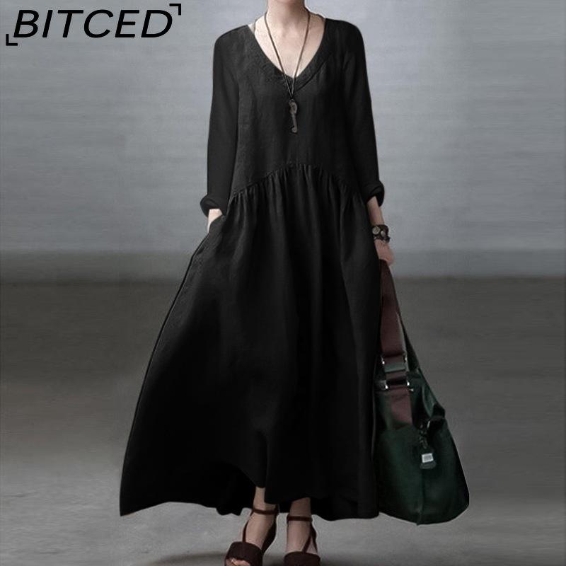 

Хлопковое повседневное женское платье с V-образным вырезом и длинным рукавом повседневные платья S чёрный