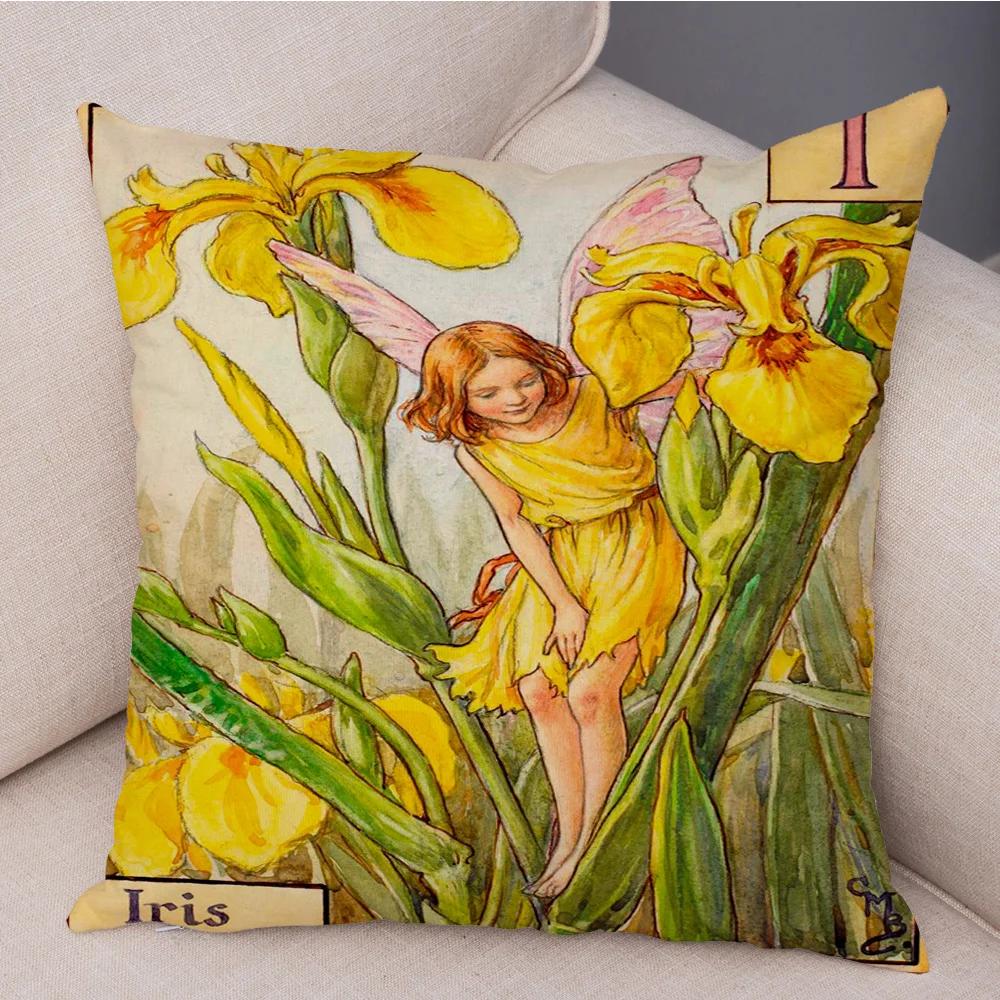 Vintage Floral Girl Pillowcase Decor Cute Cartoon Flower Elf Fairy Tale for Sofa Home Pillow Case Soft Plush Cushion Cover