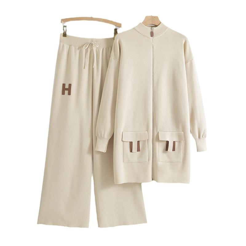 Women's Plus Size Temperament Simple Casual Small Fragrant Wind Long Knit Cardigan Pants Two Piece Set
