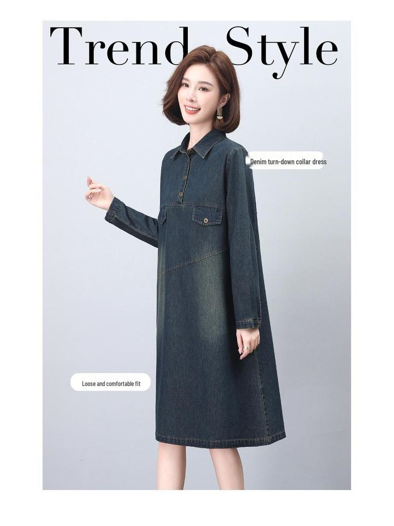 2024 Spring/Autumn Mid-Length Denim A-Line Shirt Dress with Long Sleeves