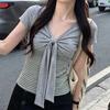 Pure Desire Style Gray Slim Bow Fake Two-piece T-shirt Women's Summer Stripe Niche Casual Pullover