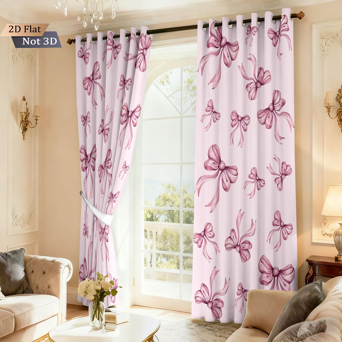 

2Pcs Pink Romantic Bow Print Blackout Curtains, Multi Size Living Room Bedroom Insulation, Holiday Decoration, Easy Installation 140x160&Grommet Top