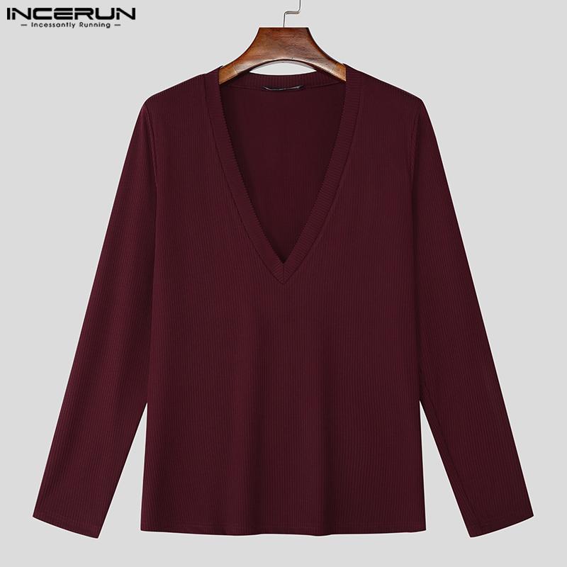 INCERUN Men Deep V Neck Long Sleeve Tops Knitted Fitted Undershirts