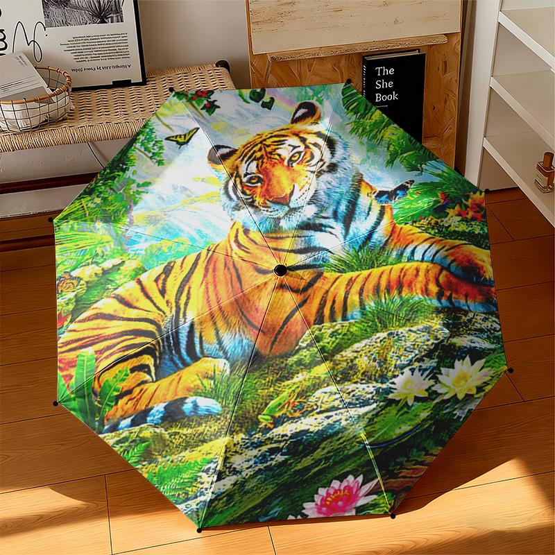 1pc cartoon tiger Umbrella Portable Folding Umbrella Iron Frame Hole Bone Structure Outdoor Home Umbrella