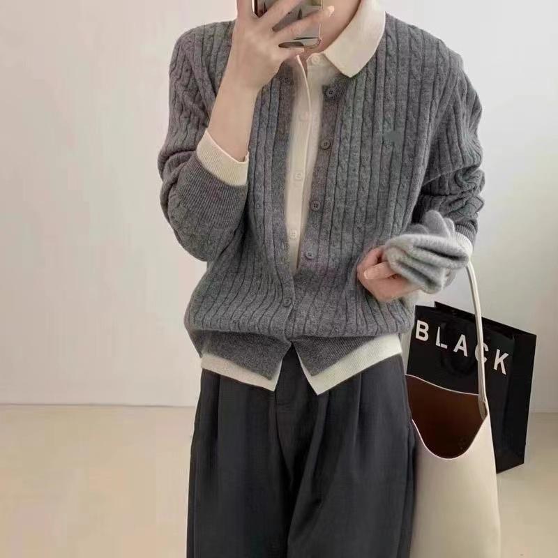 Kontrastfarbige Strickjacke für Damen, vielseitige Farbkombination, Fake-Zweiteiler mit Revers, einreihig, lässige Strickjacke für Damen