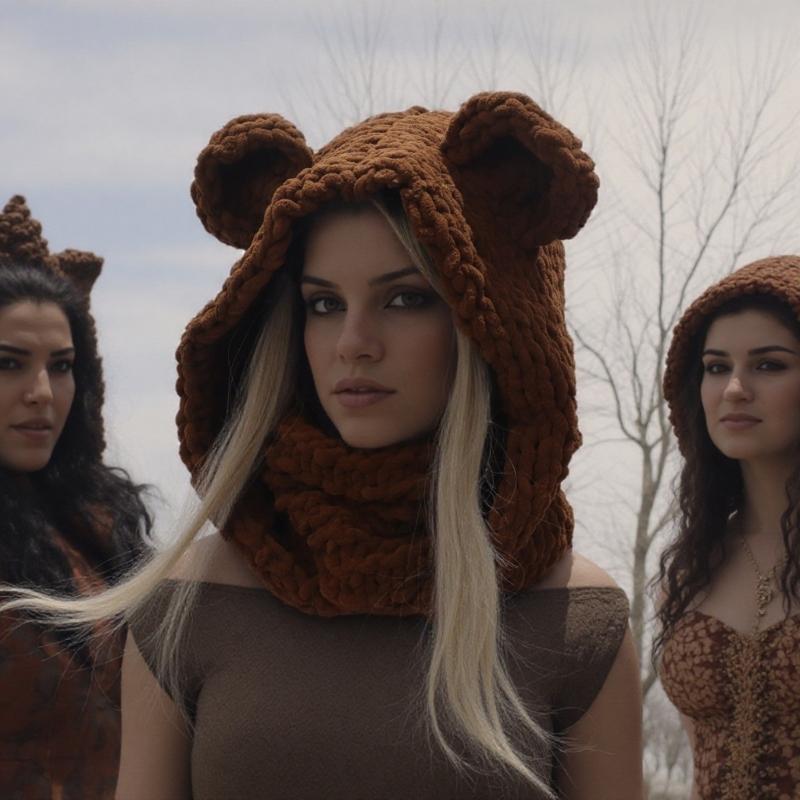 Bear Ear Knitted Scarf Hat Winter Warm Hat Thicken Face Neck Gaiter Balaclava For Women Snow Sport And Outdoor Activity