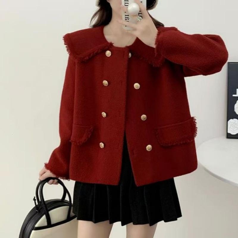 Spring and Autumn New Small Fresh Jacket Women's Short Fashion Double-breasted Doll Collar Versatile Fringed Knitted Cardigan Top