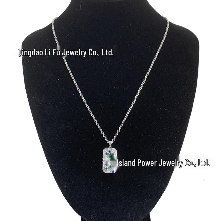 European American Classic Rectangle Dog Tag Necklace with Micro-Inlaid Zircon Colored Diamonds, Copper-Plated In Real Gold, INS Style for Women