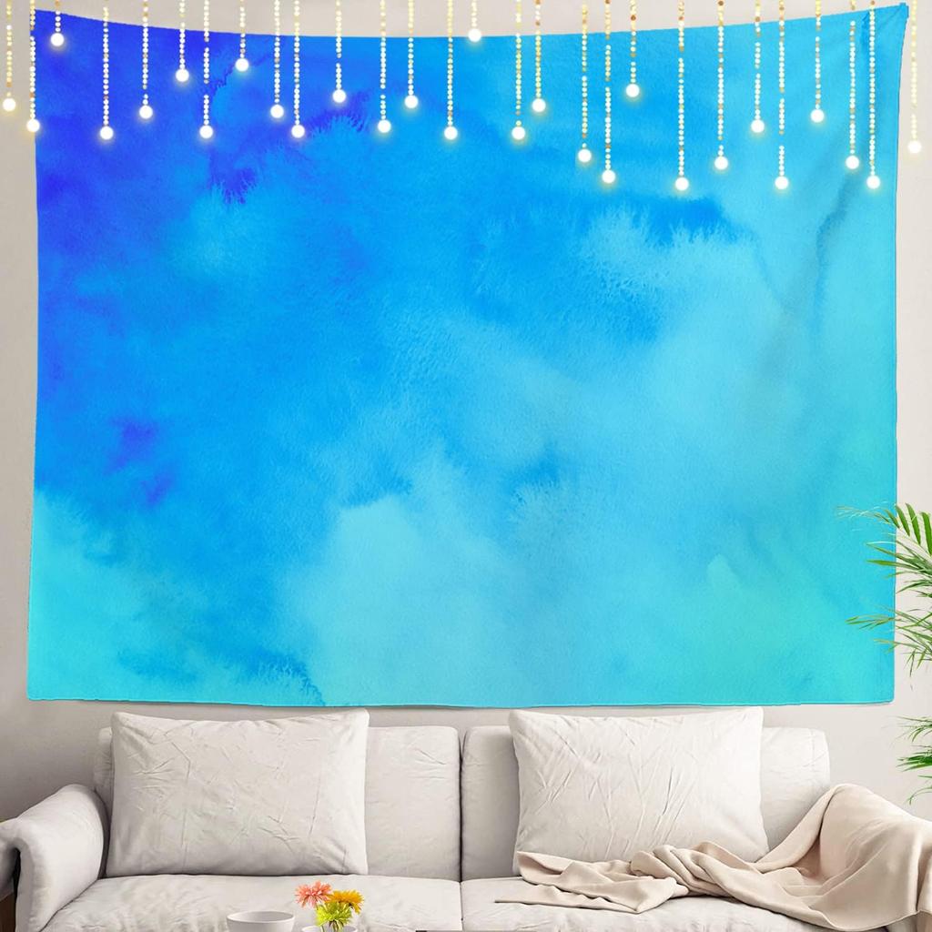 Navy Blue Watercolor Mountains Wall Tapestry, Sky Wall Hanging Large Tapestry Decoration Polyester Fiber White Hem Around for